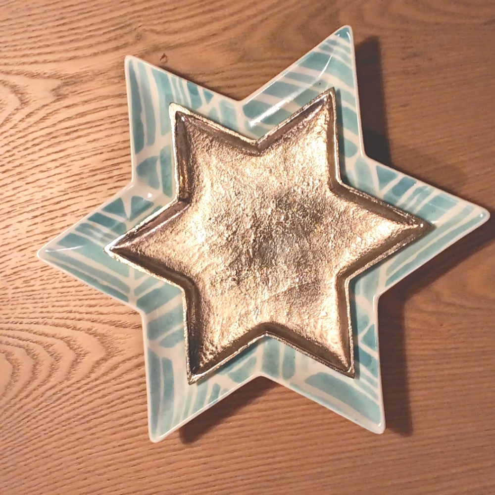 Crate and Barrel Star of David ceramic and metal plates
